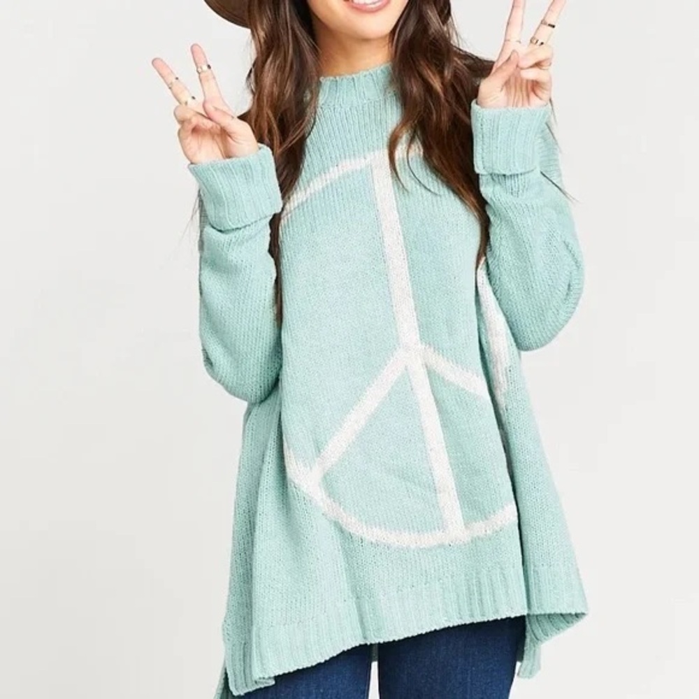 Show Me Your Mumu Fireside Sweater Peace Sign Oversized Knit Seafoam Green XS